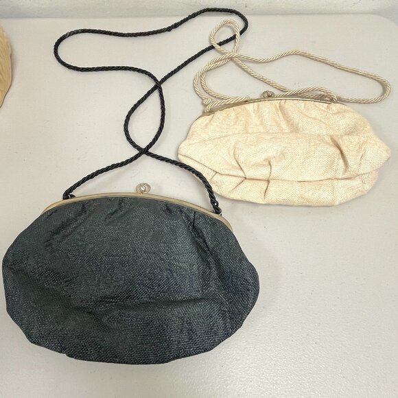 New Vintage 2 black + cream woven straw crossbody shoulder bags small made Italy - Picture 2 of 7